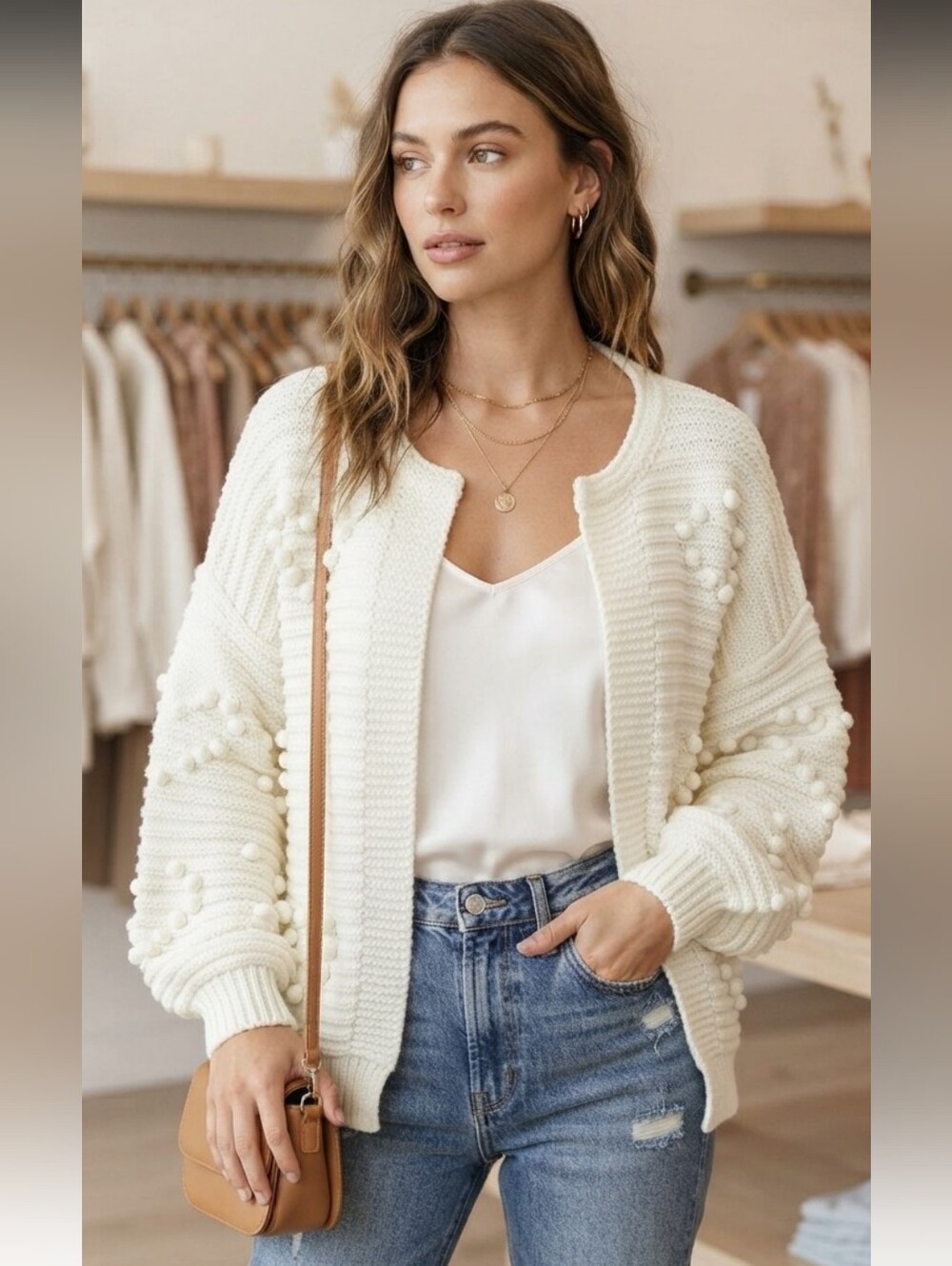 Ivory Pom-Pom Knit Cardigan Sweater - Women's Elegant Layering